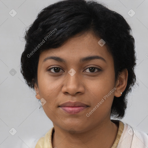 Joyful latino young-adult female with short  black hair and brown eyes