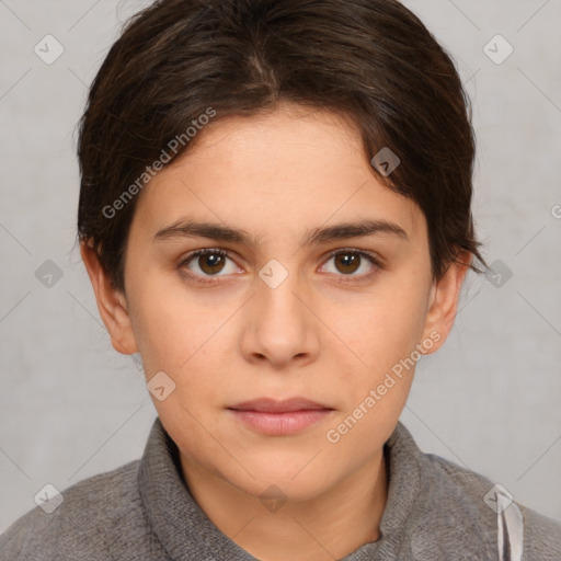 Neutral white young-adult female with short  brown hair and brown eyes