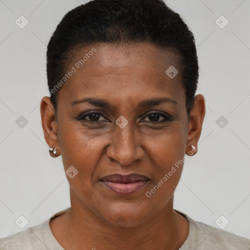Joyful black adult female with short  brown hair and brown eyes
