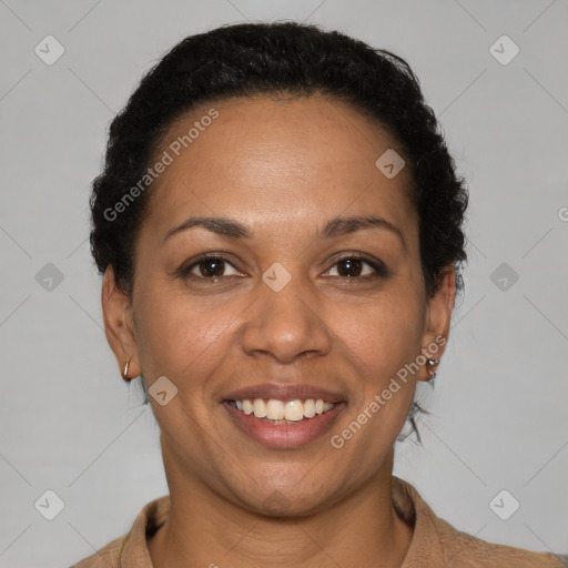 Joyful latino young-adult female with short  brown hair and brown eyes