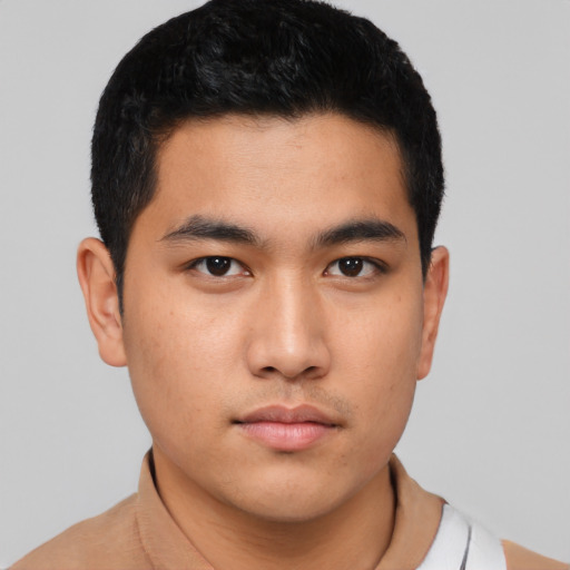 Neutral asian young-adult male with short  black hair and brown eyes