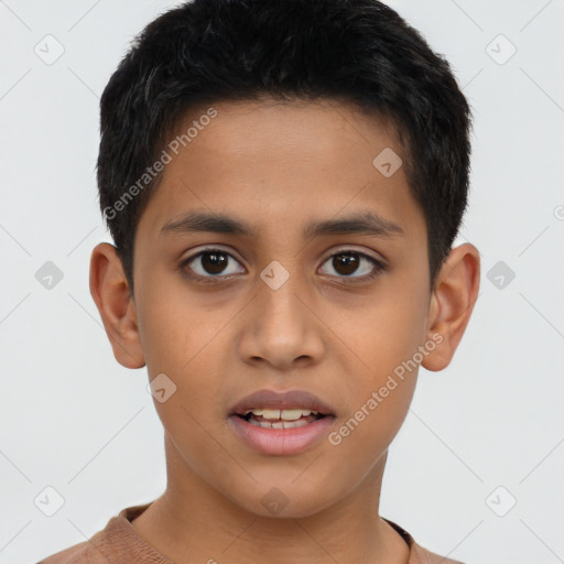 Joyful latino young-adult male with short  brown hair and brown eyes