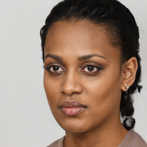 Neutral black young-adult female with short  black hair and brown eyes