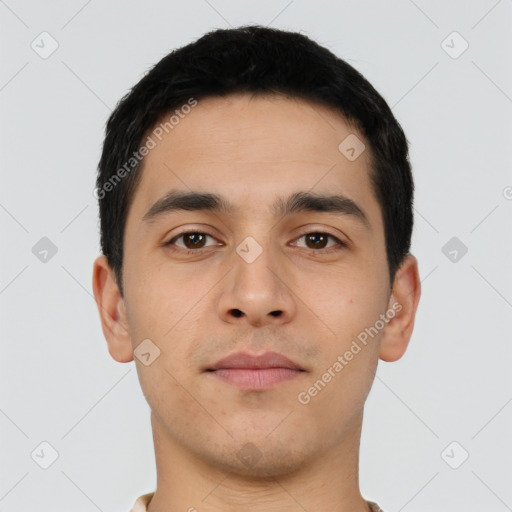 Neutral asian young-adult male with short  black hair and brown eyes