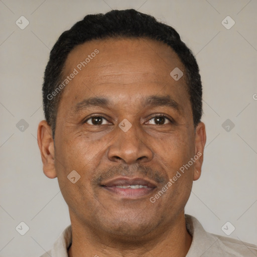 Neutral latino adult male with short  brown hair and brown eyes
