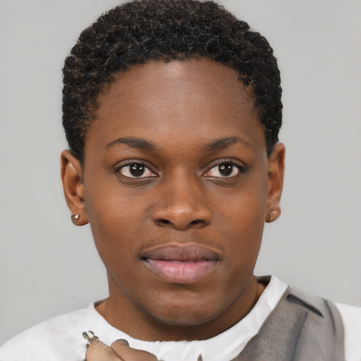 Neutral black young-adult female with short  black hair and brown eyes