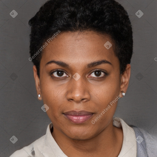 Neutral black young-adult female with short  black hair and brown eyes