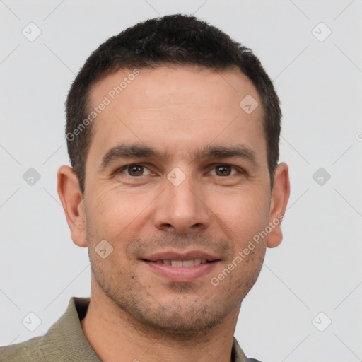 Joyful white young-adult male with short  brown hair and brown eyes