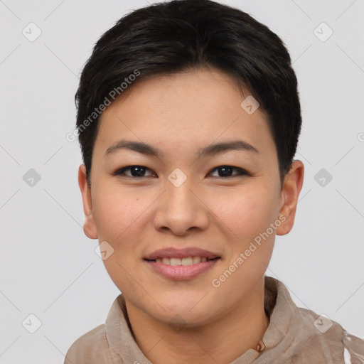 Joyful asian young-adult female with short  brown hair and brown eyes