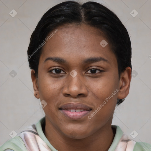 Joyful latino young-adult female with short  brown hair and brown eyes