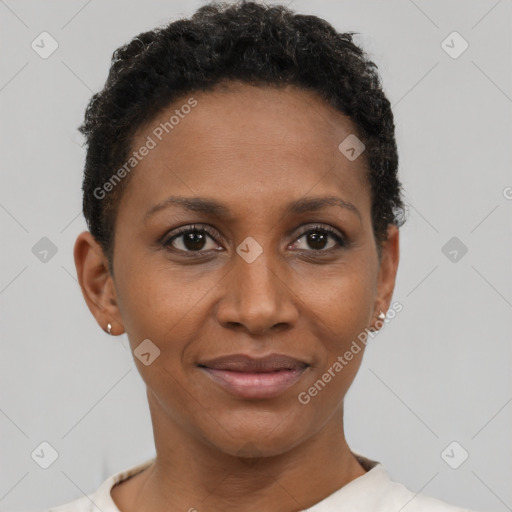 Joyful black young-adult female with short  brown hair and brown eyes