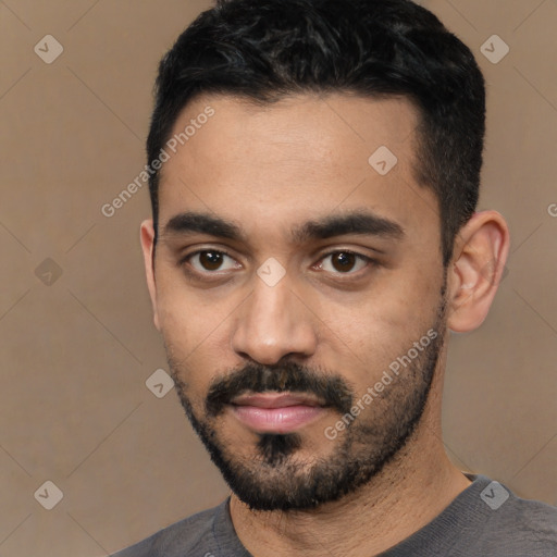 Neutral latino young-adult male with short  black hair and brown eyes