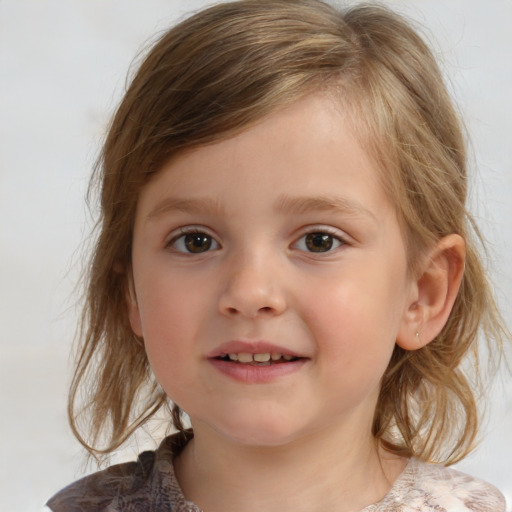 Joyful white child female with medium  brown hair and grey eyes