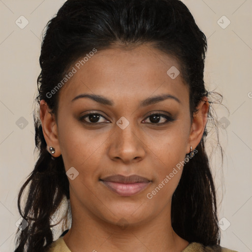 Joyful black young-adult female with medium  brown hair and brown eyes