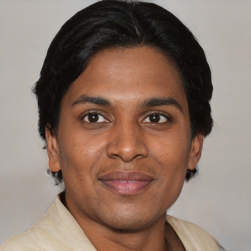 Joyful latino young-adult male with medium  brown hair and brown eyes