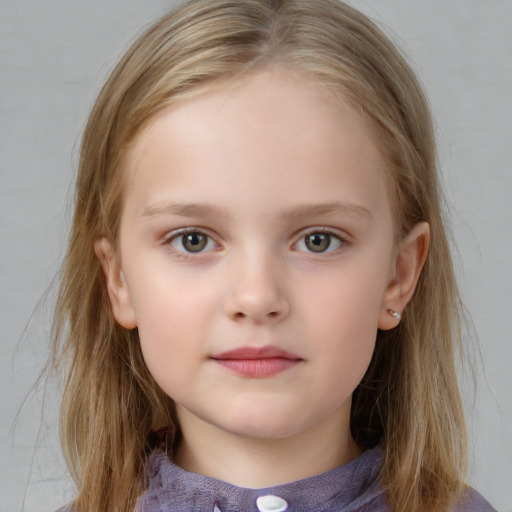 Neutral white child female with medium  brown hair and grey eyes