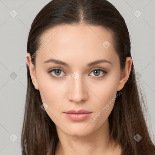 Neutral white young-adult female with long  brown hair and brown eyes