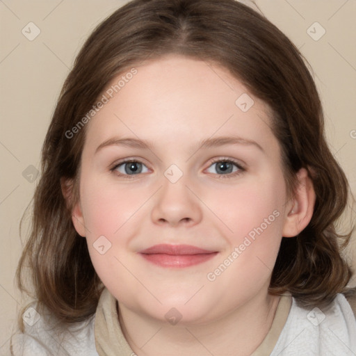 Joyful white child female with medium  brown hair and brown eyes