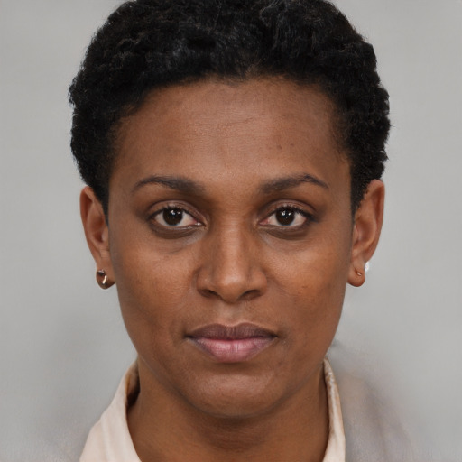 Neutral black young-adult female with short  black hair and brown eyes