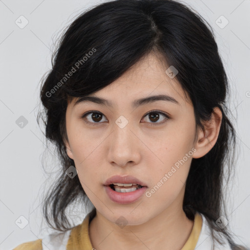 Neutral asian young-adult female with medium  brown hair and brown eyes