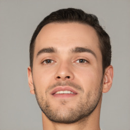 Neutral white young-adult male with short  brown hair and brown eyes