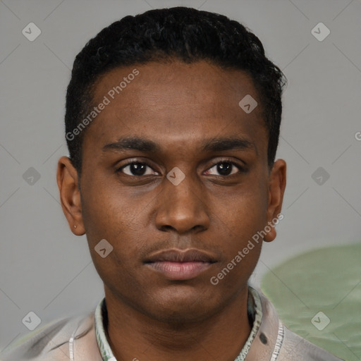 Neutral black young-adult male with short  black hair and brown eyes