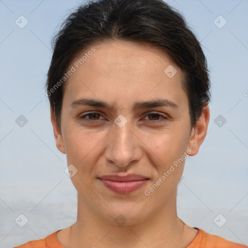 Joyful white young-adult female with short  brown hair and brown eyes