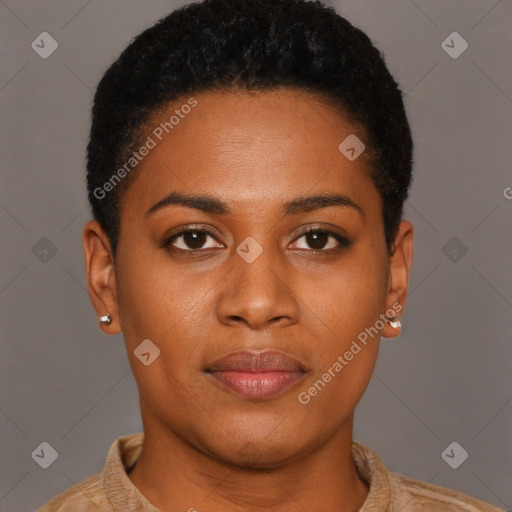 Joyful black young-adult female with short  brown hair and brown eyes