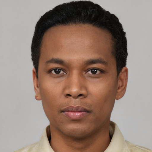 Neutral black young-adult male with short  black hair and brown eyes
