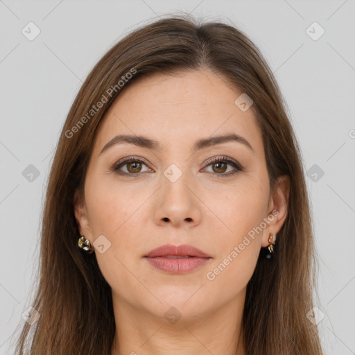 Joyful white young-adult female with long  brown hair and brown eyes