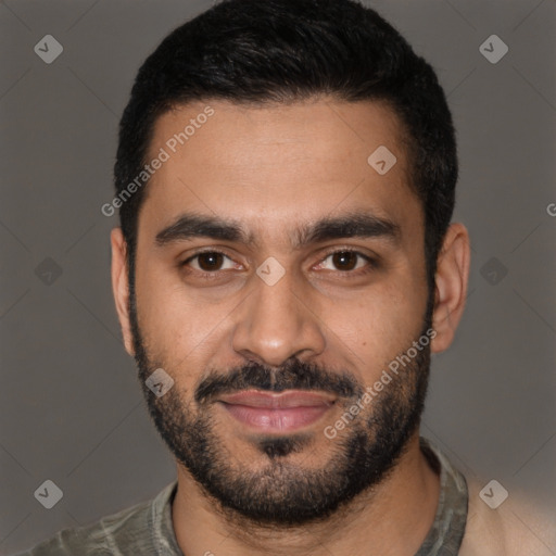 Joyful latino young-adult male with short  black hair and brown eyes