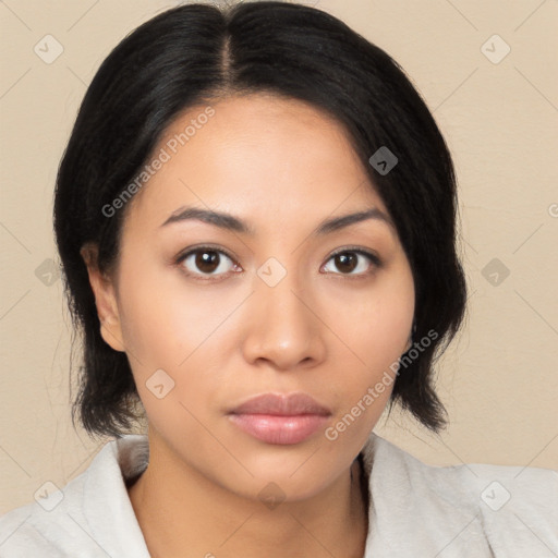 Neutral latino young-adult female with medium  brown hair and brown eyes