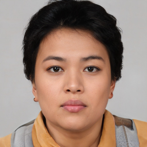 Neutral asian young-adult female with short  black hair and brown eyes