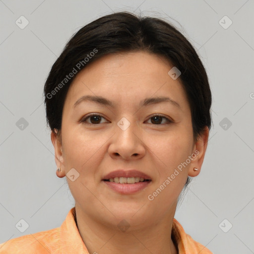 Joyful asian young-adult female with short  brown hair and brown eyes