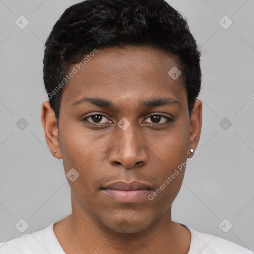 Neutral black young-adult male with short  black hair and brown eyes