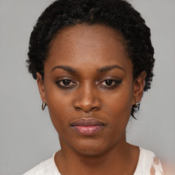 Neutral black young-adult female with short  black hair and brown eyes