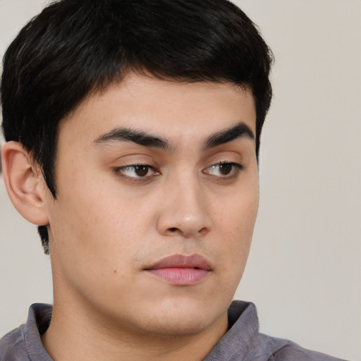 Neutral asian young-adult male with short  brown hair and brown eyes