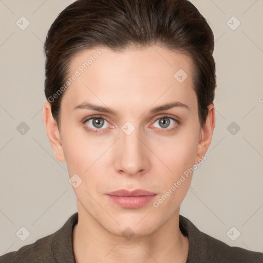 Neutral white young-adult female with short  brown hair and brown eyes