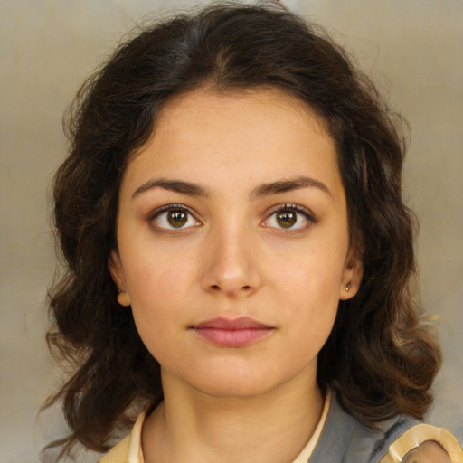 Neutral white young-adult female with medium  brown hair and brown eyes