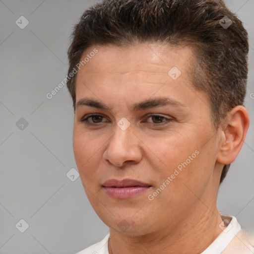 Joyful white young-adult female with short  brown hair and brown eyes