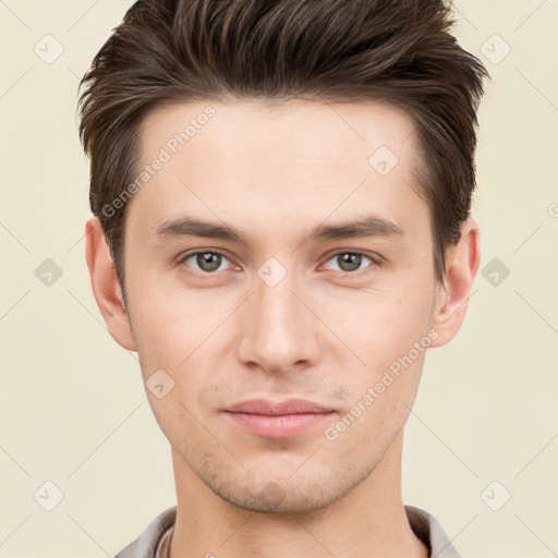 Neutral white young-adult male with short  brown hair and brown eyes