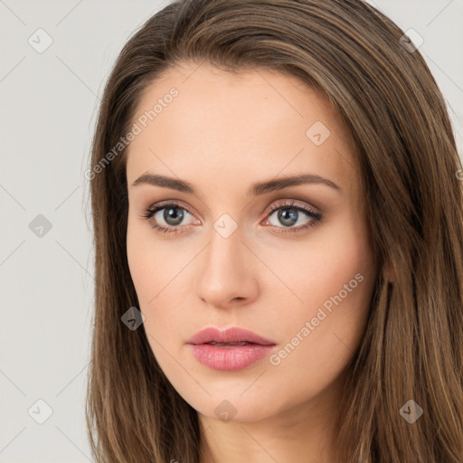 Neutral white young-adult female with long  brown hair and brown eyes