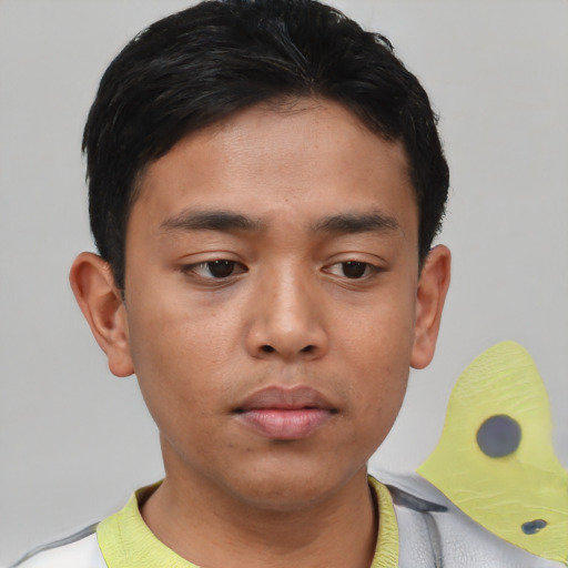 Neutral asian young-adult male with short  black hair and brown eyes
