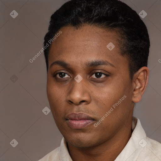 Neutral black young-adult male with short  black hair and brown eyes