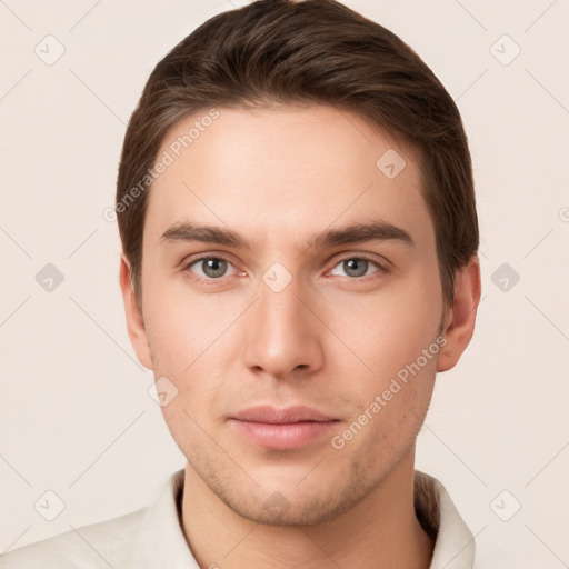 Neutral white young-adult male with short  brown hair and grey eyes