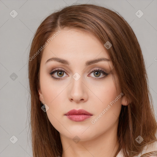 Neutral white young-adult female with long  brown hair and brown eyes