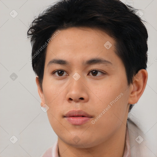 Neutral white young-adult male with short  black hair and brown eyes