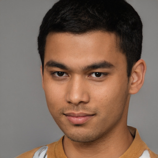 Neutral asian young-adult male with short  brown hair and brown eyes