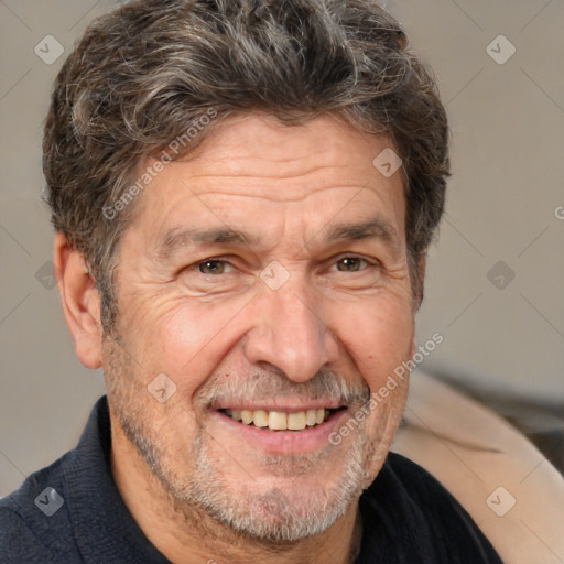 Joyful white middle-aged male with short  brown hair and brown eyes