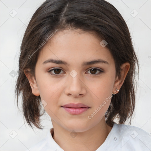 Joyful white child female with medium  brown hair and brown eyes